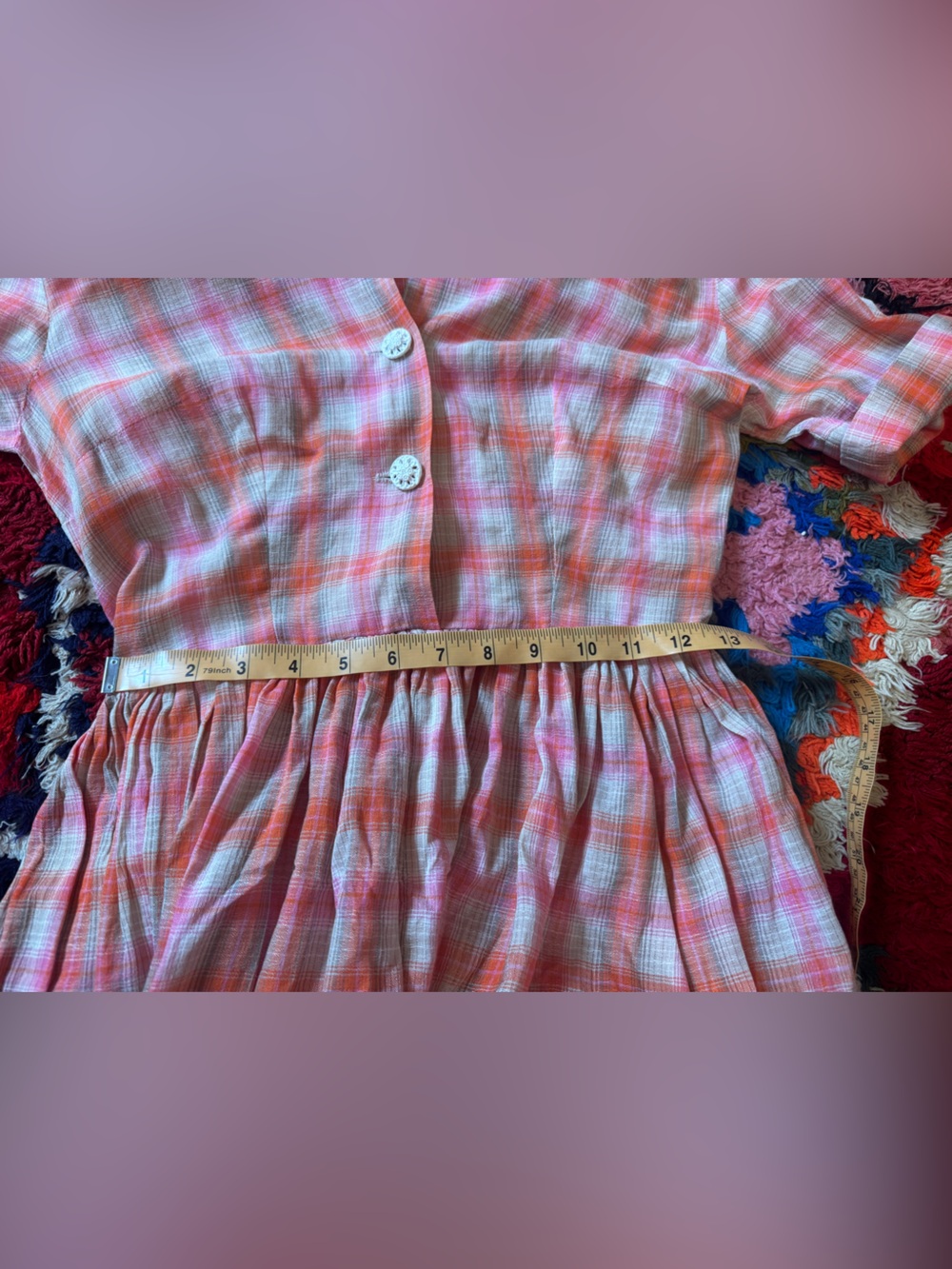 50s-60s Vintage Pink Plaid Shirtwaist Dress Sz Xs - Picture 5 of 6